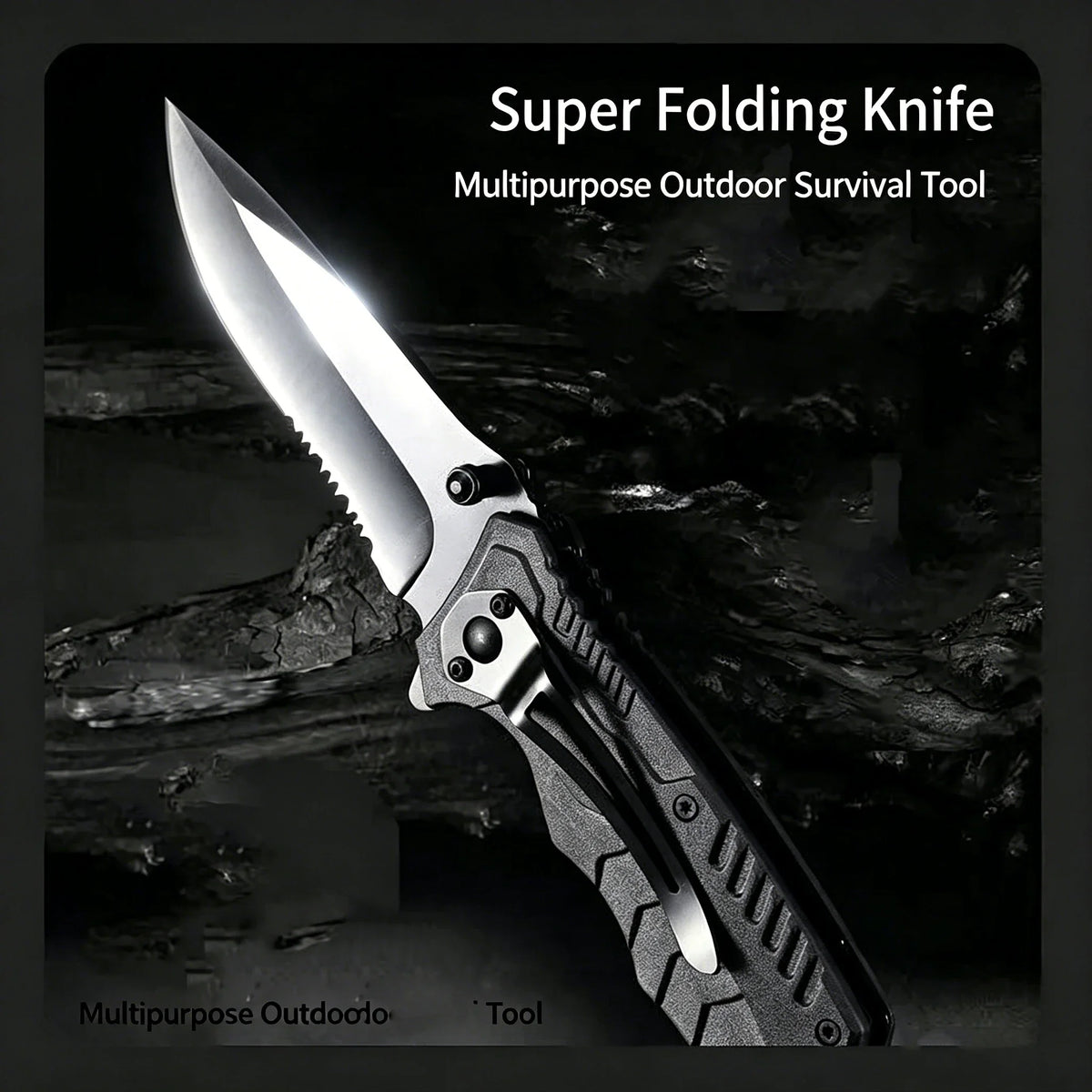 A silver super folding knife with a black handle is shown resting on a dark, textured surface.