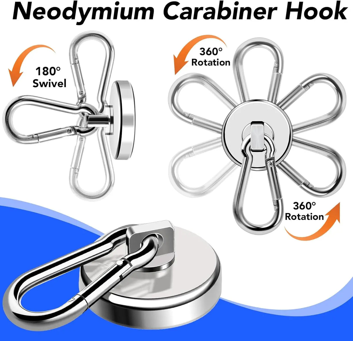 A silver neodymium carabiner hook with a swivel design and a heavy duty magnetic attachment.