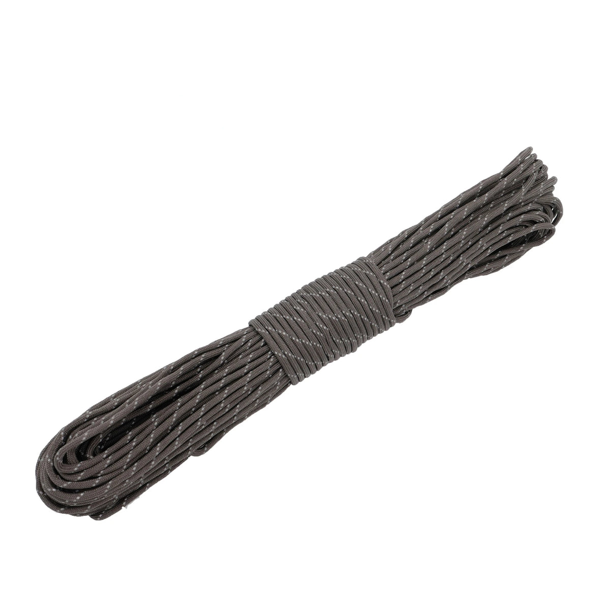 Un paquete de cuerda de paracord reflectante de alta resistencia gris oscuro.