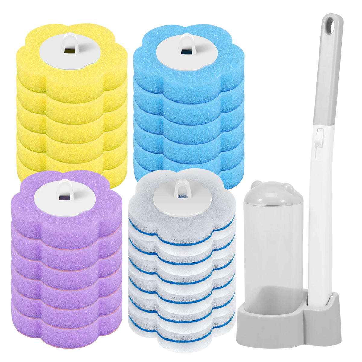 Un juego de herramientas de limpieza para inodoros reutilizables en colores amarillo, azul y morado.