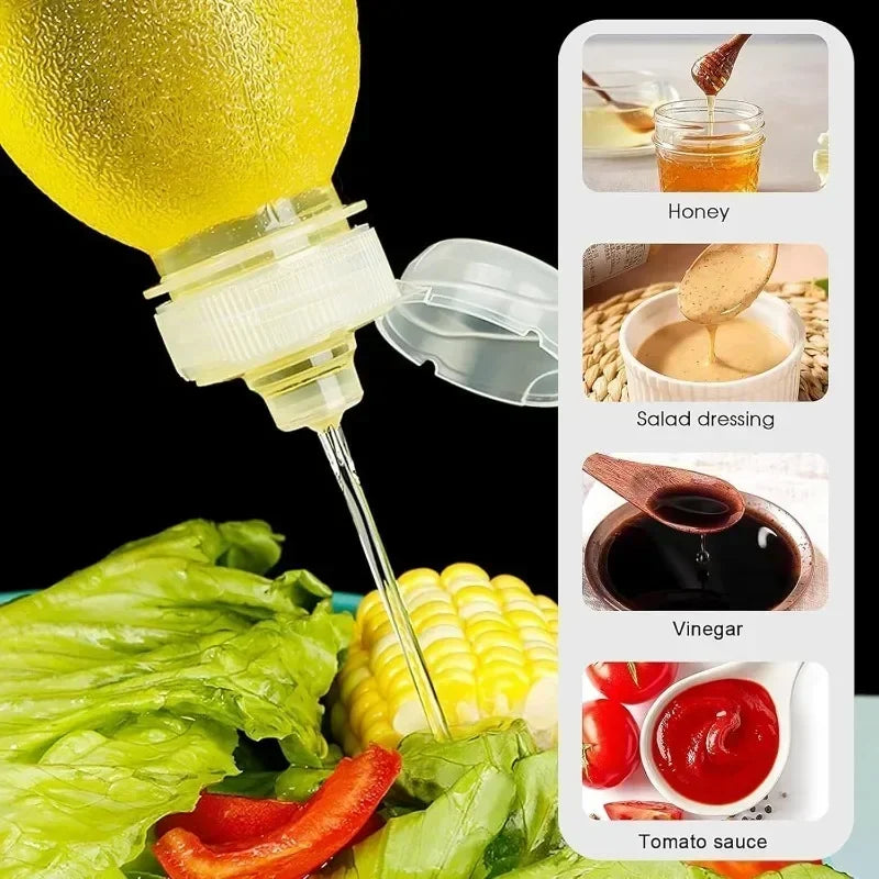 A squeeze dispenser bottle is shown dispensing liquid into various food items like salad dressing, vinegar, and tomato sauce.