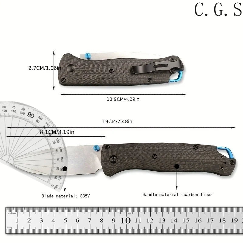 A carbon fiber folding knife is shown with dimensions and a ruler for scale.