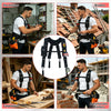 A collection of construction workers and electricians wearing heavy duty tool belt suspenders for various jobs.
