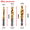 A set of three M6, M8, and M10 hex shank titanium coated tap and drill bits shown with various lengths.