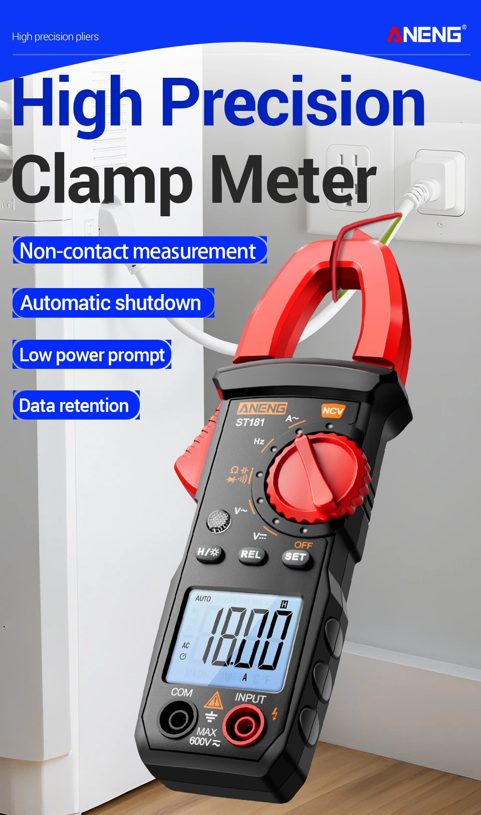 A red and black high precision clamp meter is shown against a white door frame, highlighting features like non-contact measur