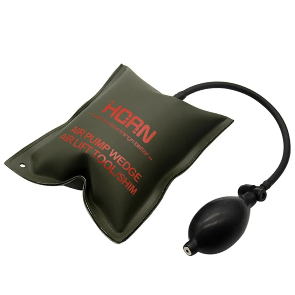 A dark green flexible door window air pump wedge with a black hose.