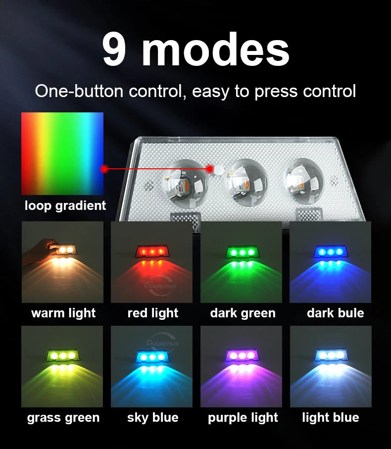 Affichage de neuf modes d'émission lumineuse d'un dispositif à bouton unique, incluant lumière chaude, lumière rouge, différe