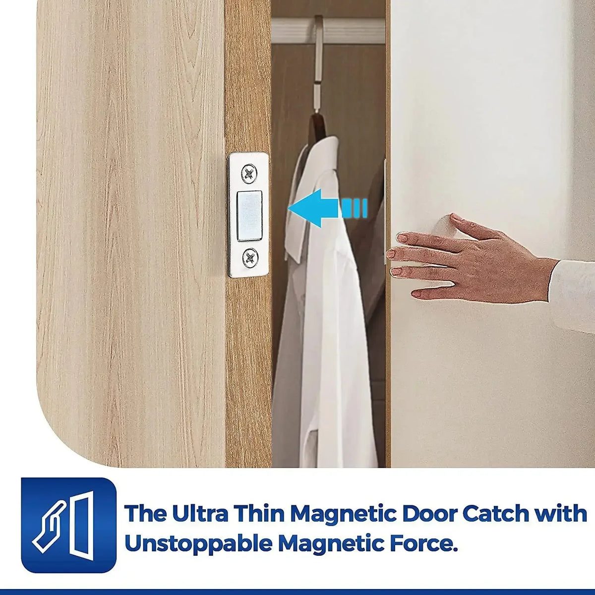 Une main utilise un loquet magnétique ultra-fin sur une porte de meuble pour l'ouvrir.