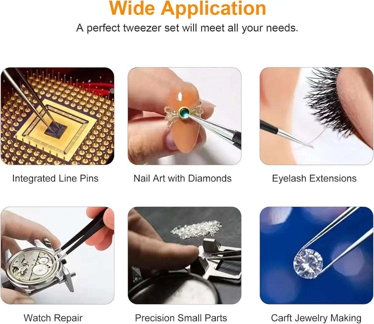 A set of precision ESD anti-static tweezers used for nail art, eyelash extensions, watch repair, small parts handling, and je