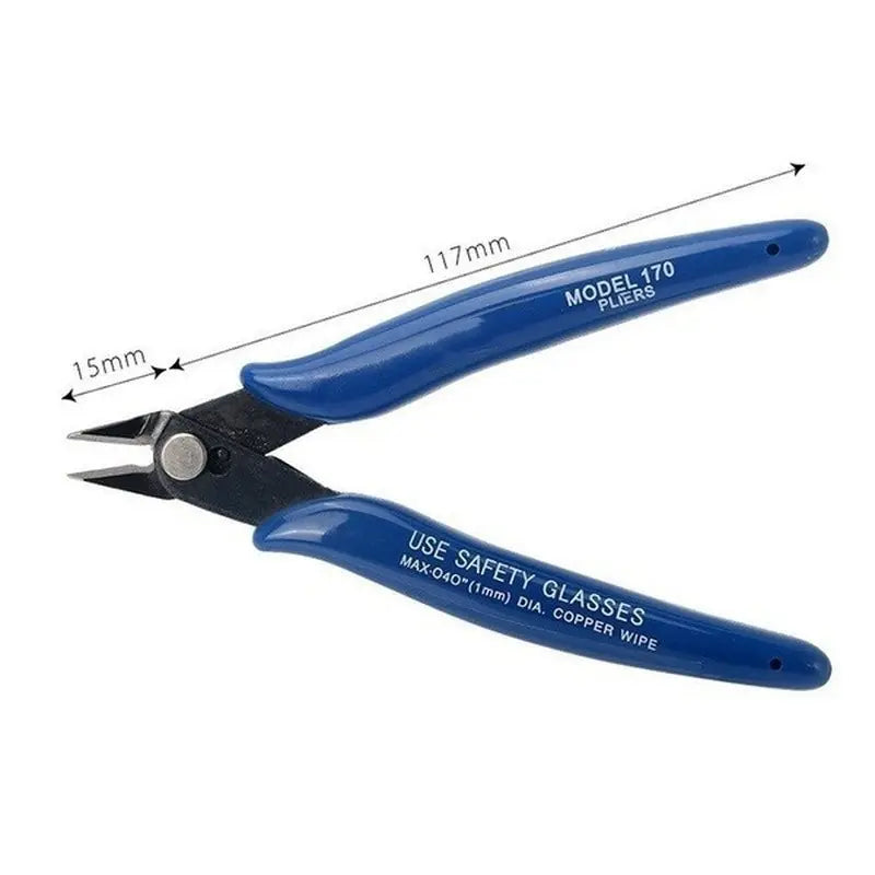 A blue universal diagonal pliers with a 117mm handle and a 15mm jaw, used for wire and cable cutting.