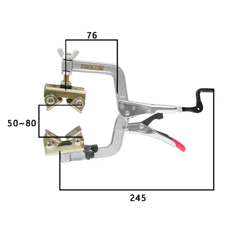 A set of professional tube welding pliers with a handle and jaws, shown with dimensions 76 and 245.
