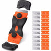 A black and orange dual-sided auto glass scraper tool with a rubber grip and a plastic blade for removing stickers and residu