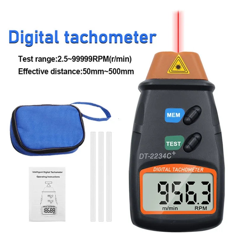 A black digital tachometer device with a screen displaying 956.3 m/min RPM, next to a blue carrying pouch and instructions.