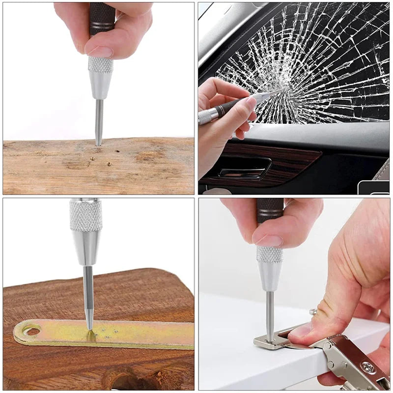 A hand uses an automatic centre punch tool to mark a spot on wood and metal surfaces.