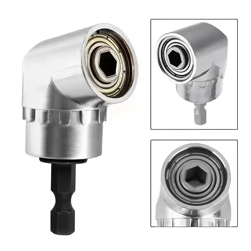 Silver drill adapter featuring a 105 degree right angle connection for drilling tasks.