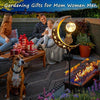 A family enjoying a garden scene with a solar moon light featuring an owl decoration.