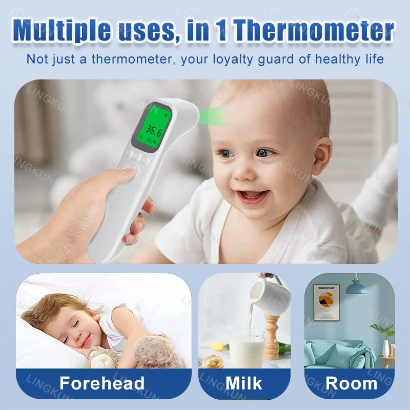 Thermomètre infrarouge numérique blanc non-contact utilisé sur le front d'un bébé, pour le lait et les repas.