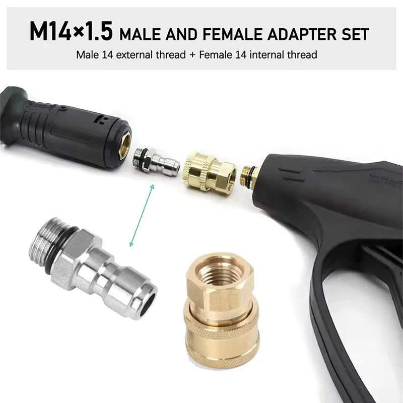 A set of M14x1.5 male and female adapters for high-pressure washer connectors.