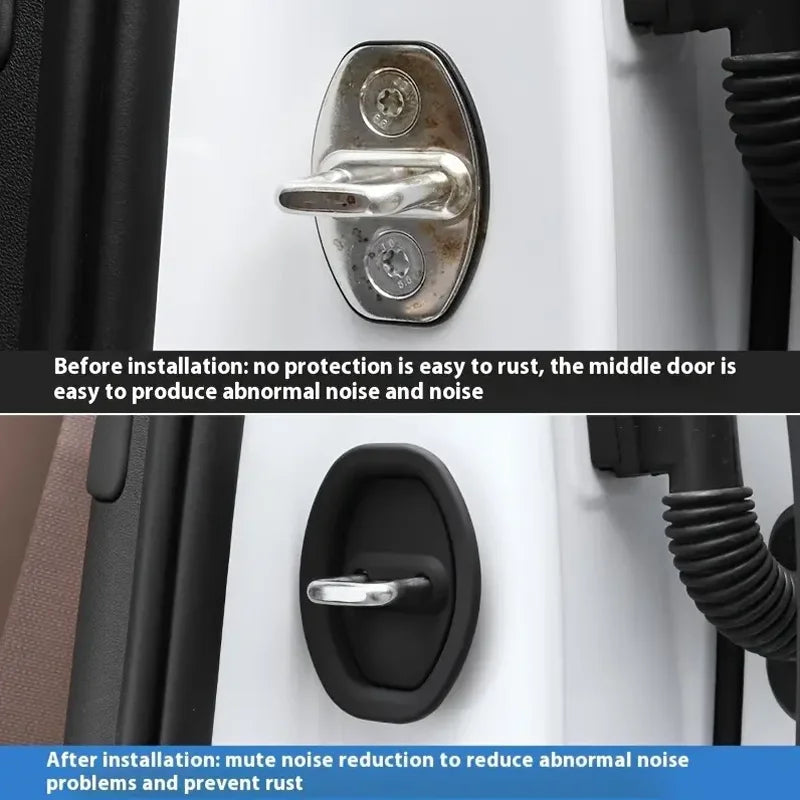 Before and after comparison of a door lock installation showing rust protection and noise reduction features