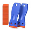 Un racloir en verre de précision bleu et un outil de retrait d'autocollants à côté d'une pile d'outils orange.