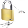 A gold-colored heavy-duty padlock with a silver shackle and a key lying below it.