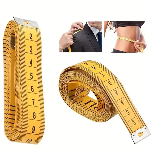 Yellow dual scale measuring tape shown in various uses for body and sewing measurements.