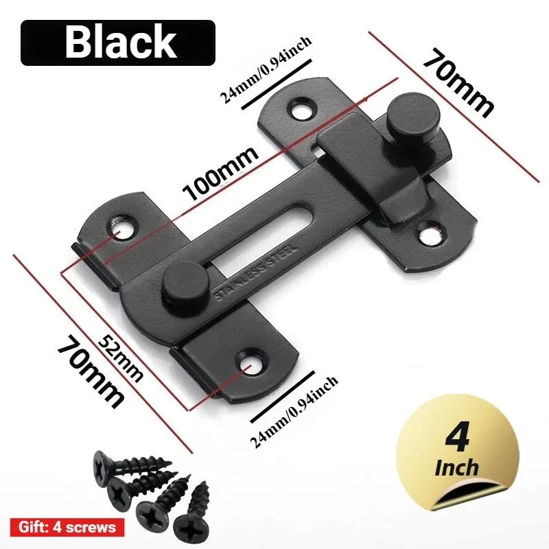 Black premium stainless steel sliding door latch with mounting hardware and screws