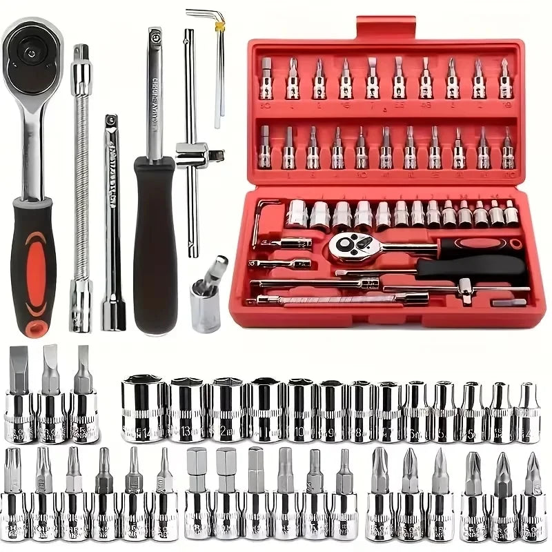 A collection of 46 metric socket wrenches and tools in various sizes and finishes displayed in an open red case.