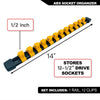 ABS socket organizer rail with 1/2 inch drive sockets and 12 clips for repair tools