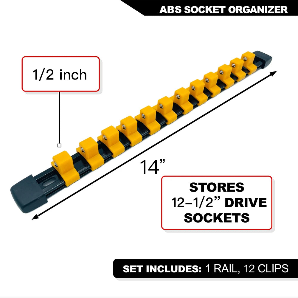 ABS socket organizer featuring a 1/2 inch rail with 12 clips for storing 12-1/2 inch drive sockets.
