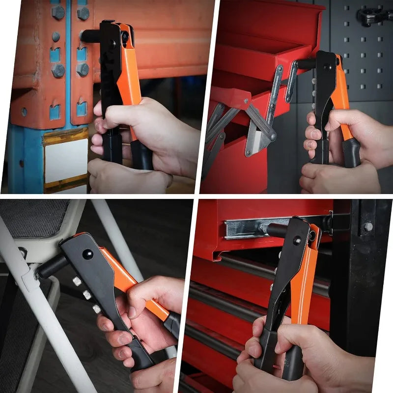 Close-up shots show hands using a heavy duty hand rivet gun kit to install rivets in various materials.