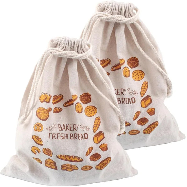Beige Leinen-Tasche mit Zug, gefüllt mit frischem Brot, mit Back- und Brotdesigns.