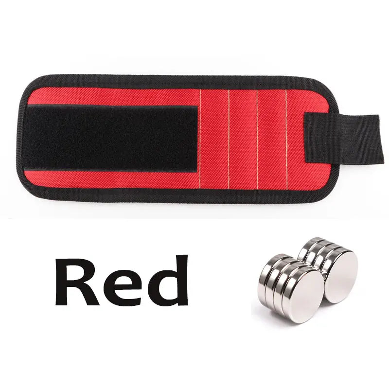 A black magnetic wrist strap tool with a red accent and a separate set of silver magnetic discs.