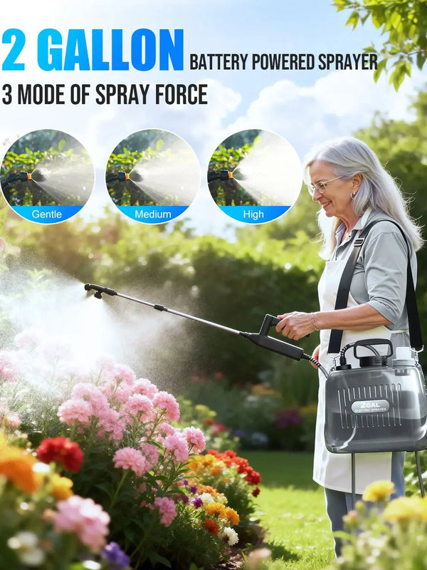 Eine Frau besprüht Blumen in einem Garten mit einem 2-Gallonen-Batterie-Sprayer mit drei Sprühlfunktionen.