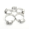 A set of stainless steel hose clips and pipe clamps in various sizes displayed on a white background.