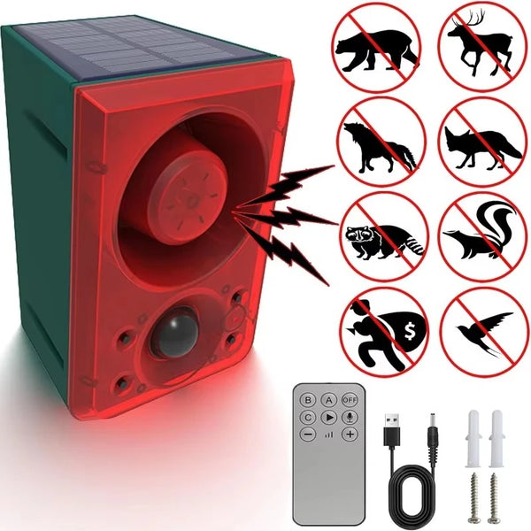 A red solar motion alarm light device with a speaker, various silhouette icons of animals, and a remote control.