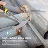 A hand holds a high-carbon alloy steel pickaxe demonstrating its bending strength on a metal pipe.