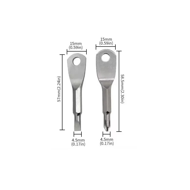 A pair of mini screwdrivers with a keychain attachment shown against a white background.