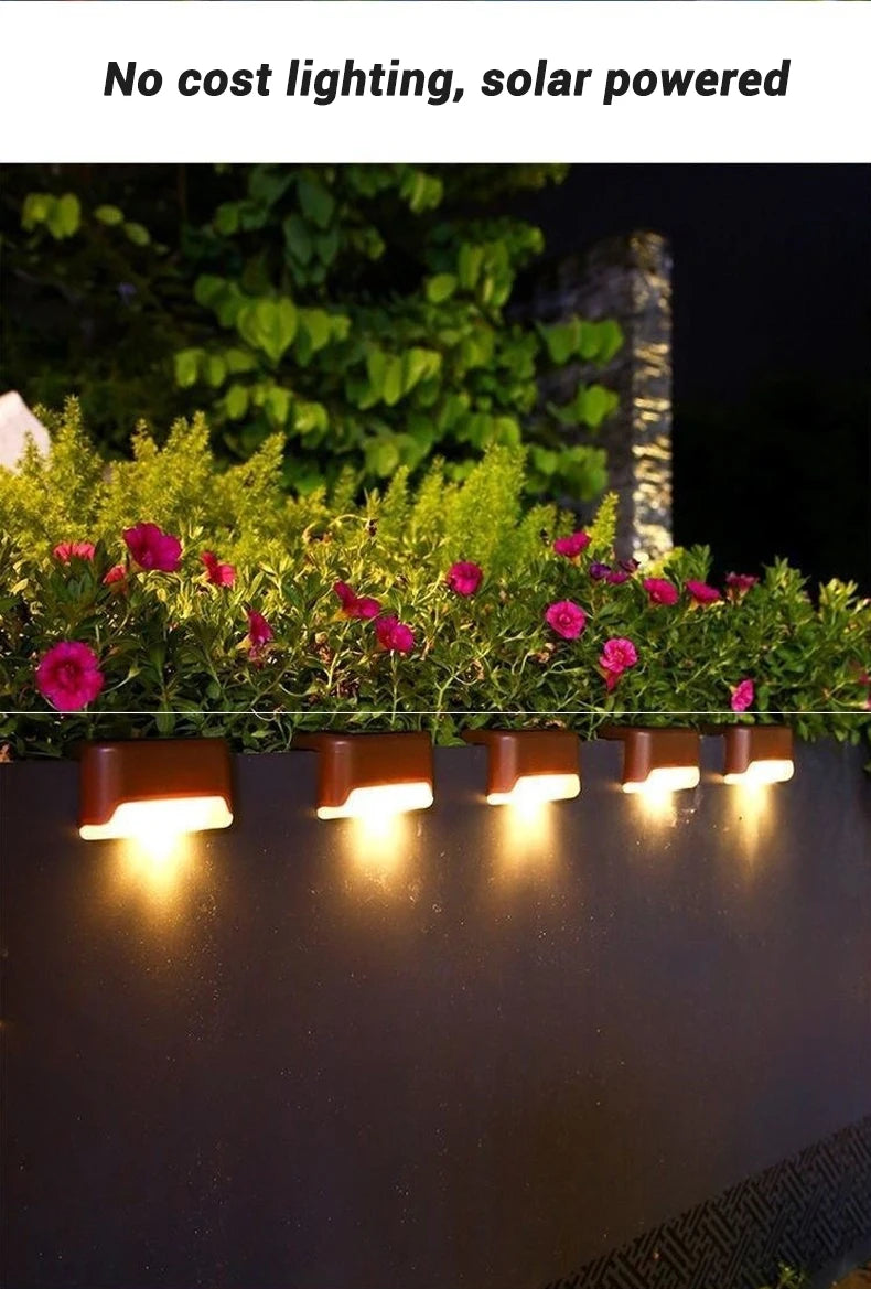 Solar LED step lights illuminating a garden path with pink flowers at night