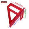 Red precision woodworking square and protractor ruler showing dimensions of 4.40 inches and 3.03 inches