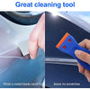 A hand uses a multi-surface plastic razor blade scraper to clean a car surface, demonstrating its ability to leave no scratch