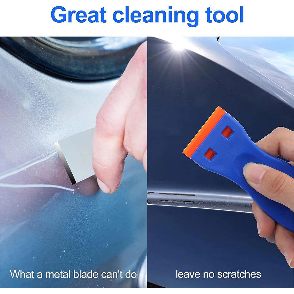 A hand uses a multi-surface plastic razor blade scraper to clean a car surface, demonstrating its ability to leave no scratch