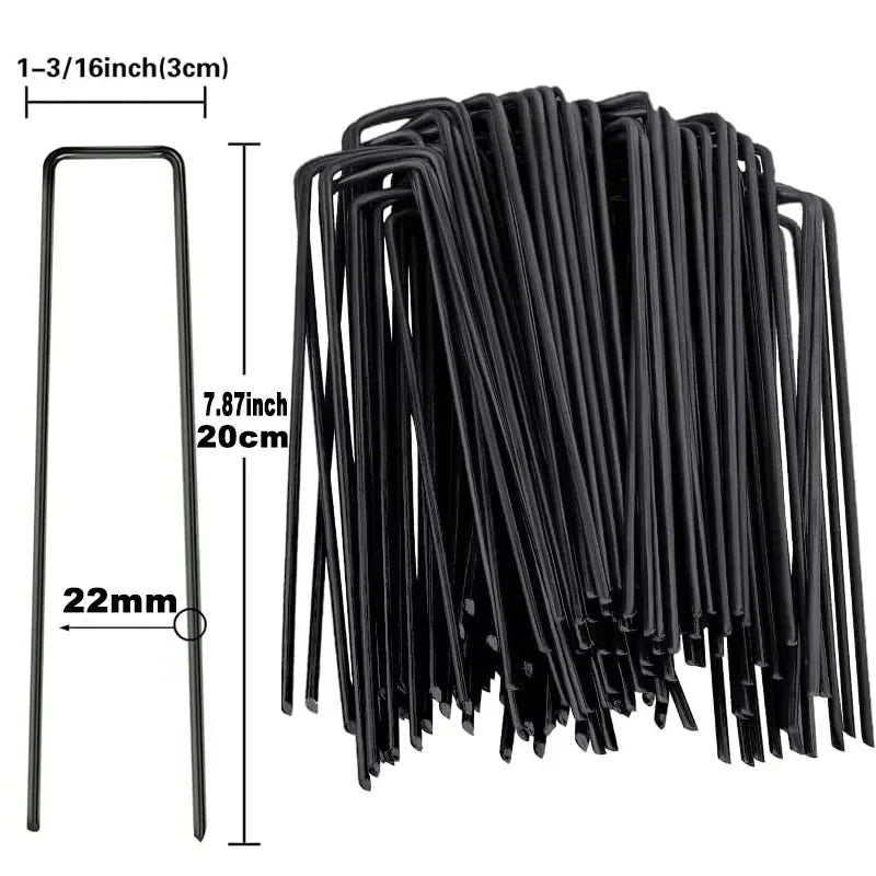 A bundle of heavy-duty black U-shaped garden staples for ground securing.
