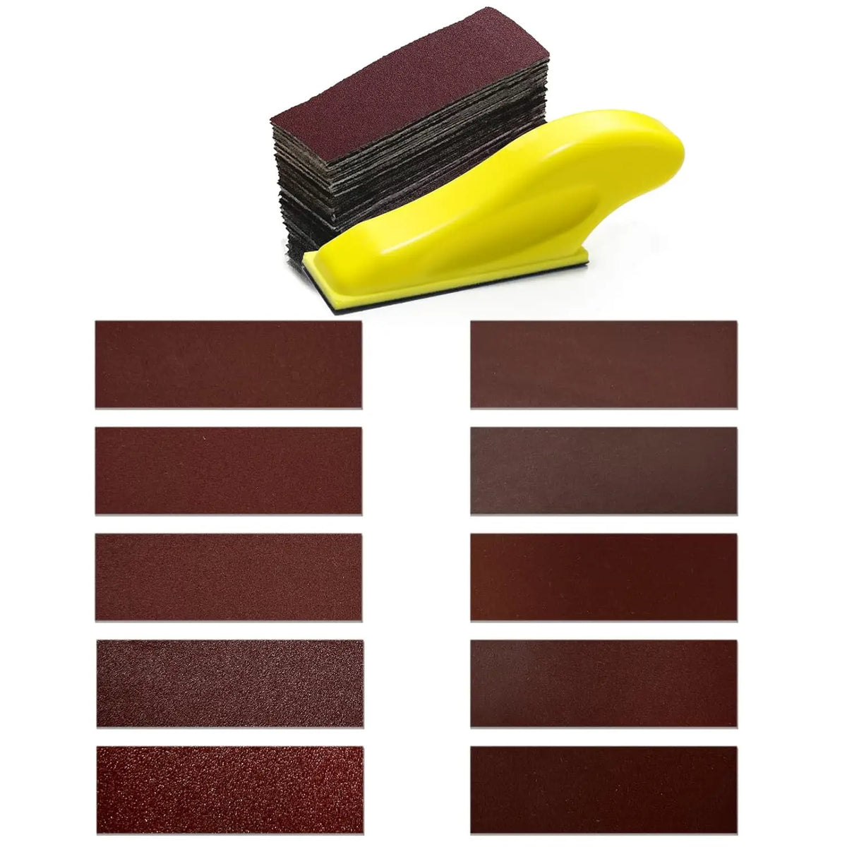 A set of precision grinding discs and a yellow sanding block for surface smoothing.