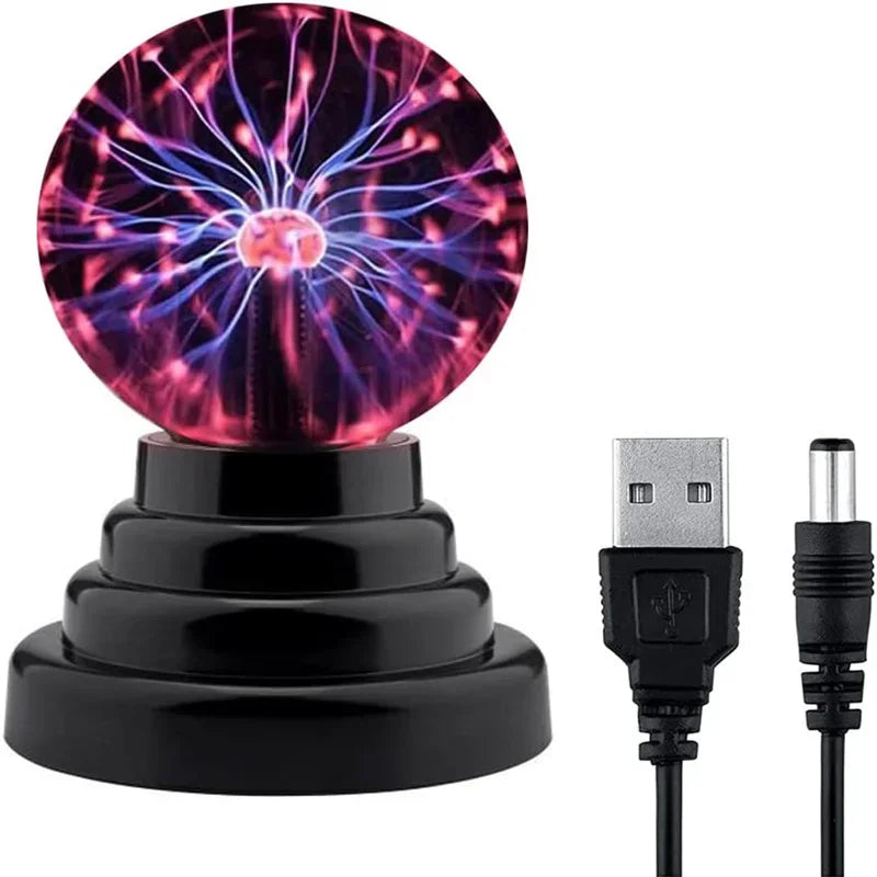 A black base with a glowing purple and pink plasma ball LED night light on top.