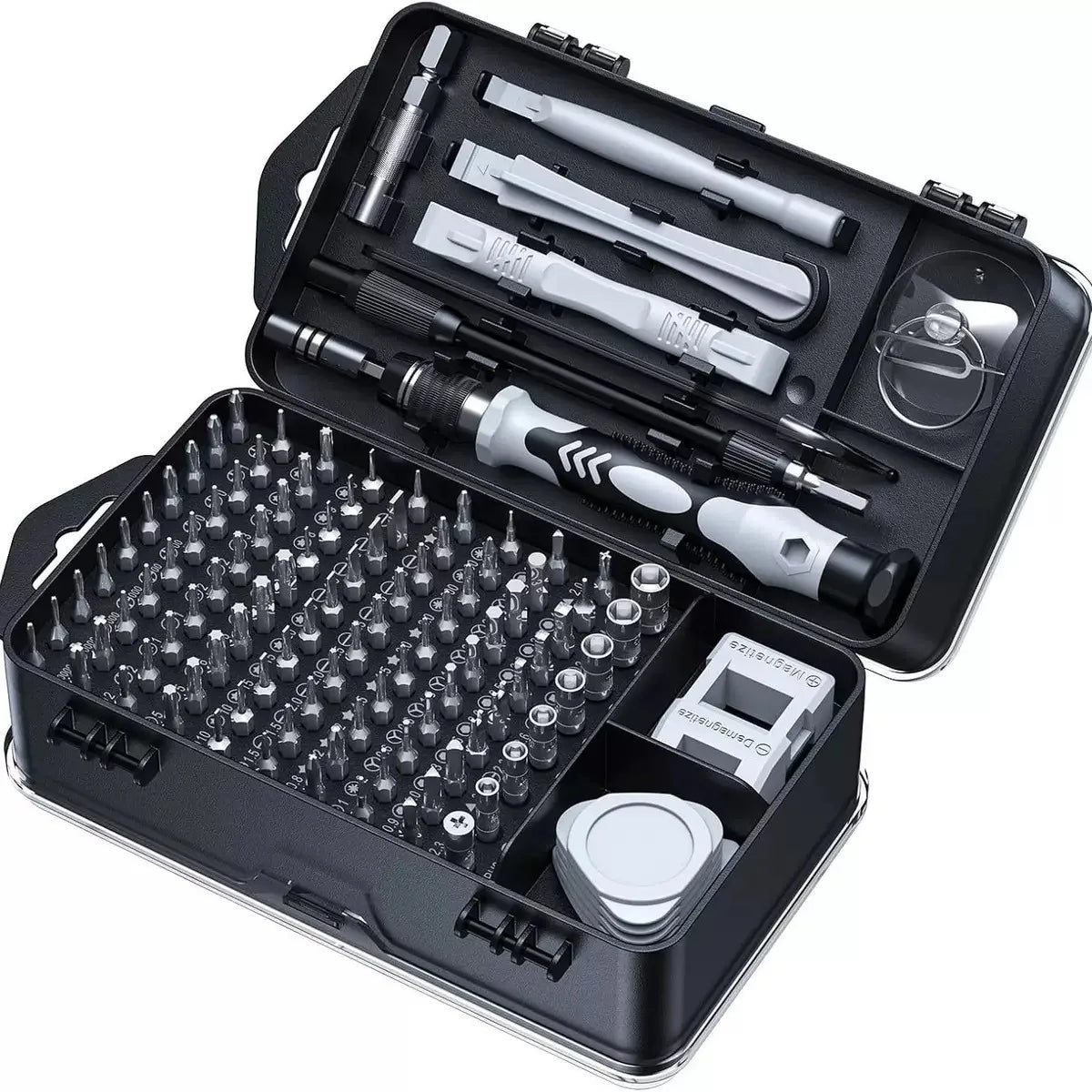 A black case containing an 11-in-1 precision screwdriver set with various multi-angle tools.