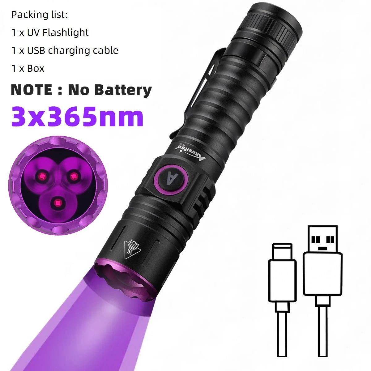 Linterna UV morada con lente y cable de carga mostrados junto al dispositivo.
