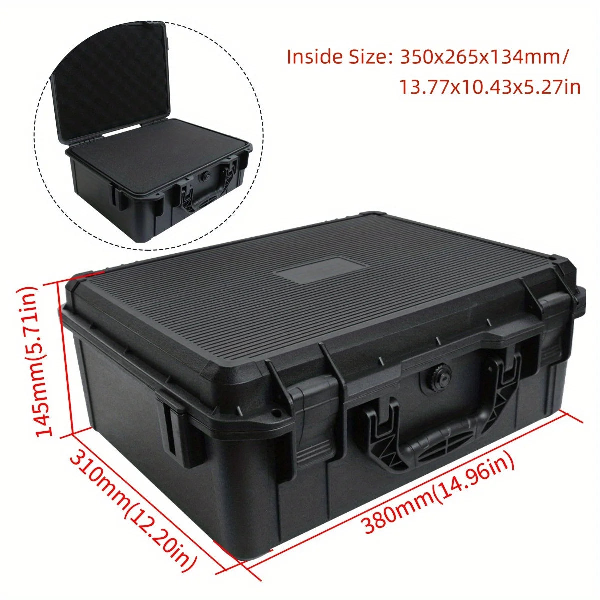 A black universal portable tool box with a shockproof carrying case shown from the top and side views.