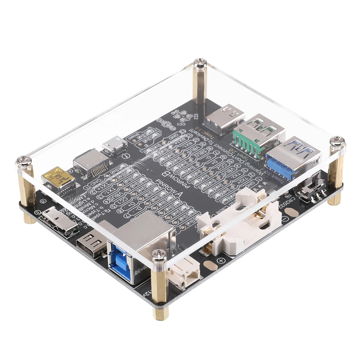 A clear acrylic enclosure holding a printed circuit board with various electronic components and connectors.