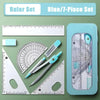 A blue 7-piece ruler set with various geometric tools including a compass and protractor displayed on a light green backgroun